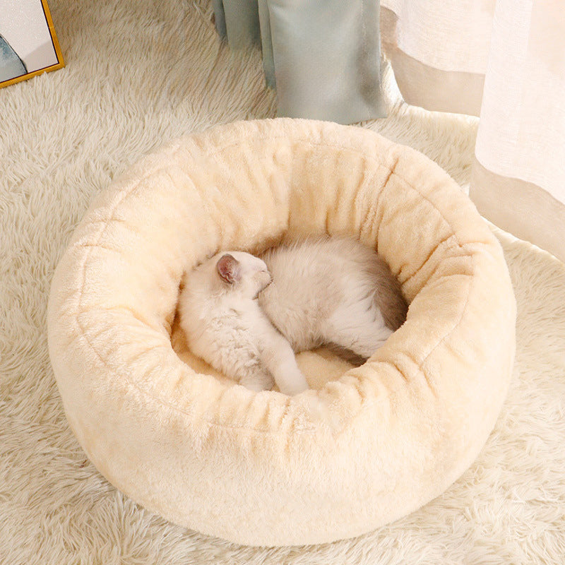 Pet Dog Bed Long Plush Donut Round Cushion