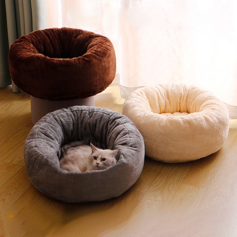 Pet Dog Bed Long Plush Donut Round Cushion