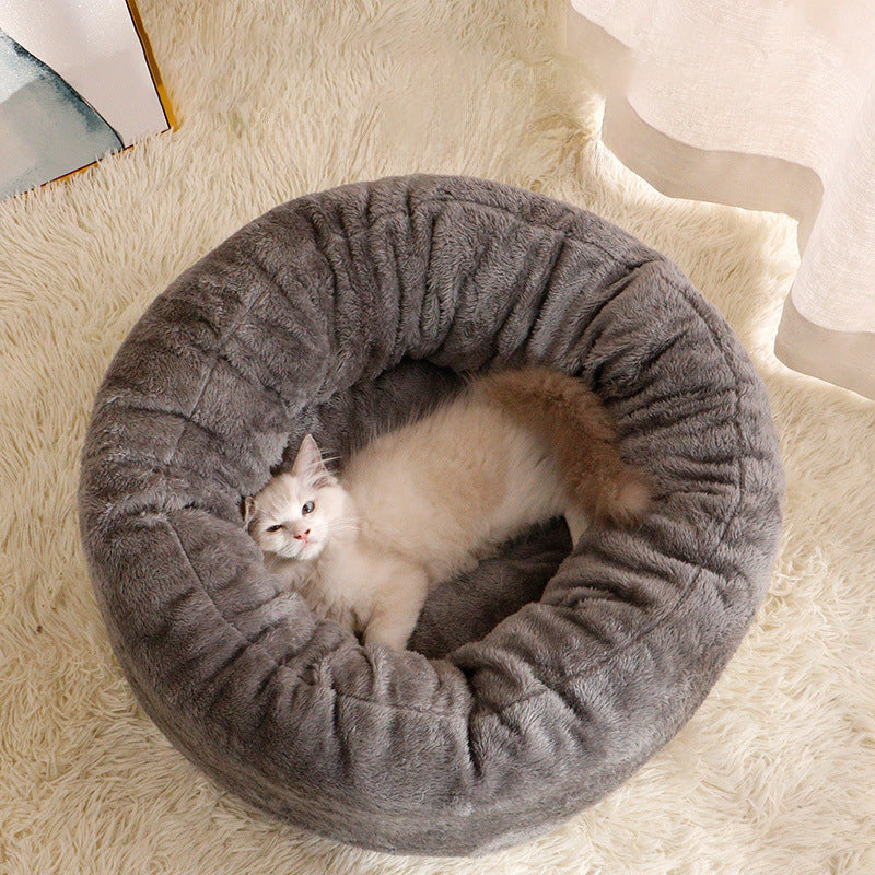 Pet Dog Bed Long Plush Donut Round Cushion