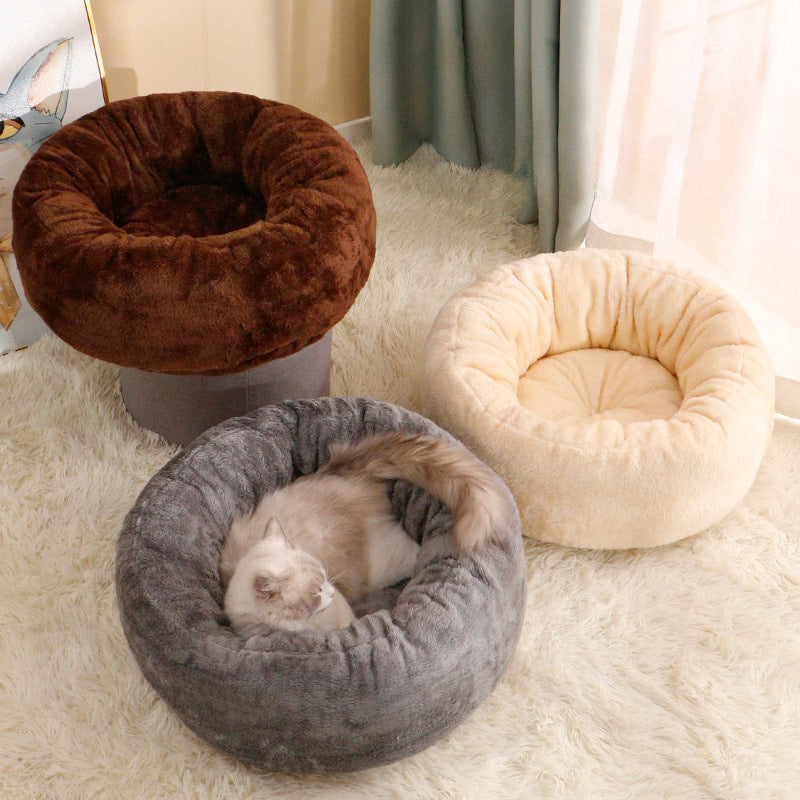 Pet Dog Bed Long Plush Donut Round Cushion