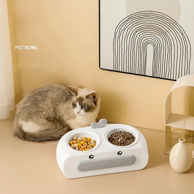Pet Double Bowl Plastic Kitten Dog Food Drinking Tray