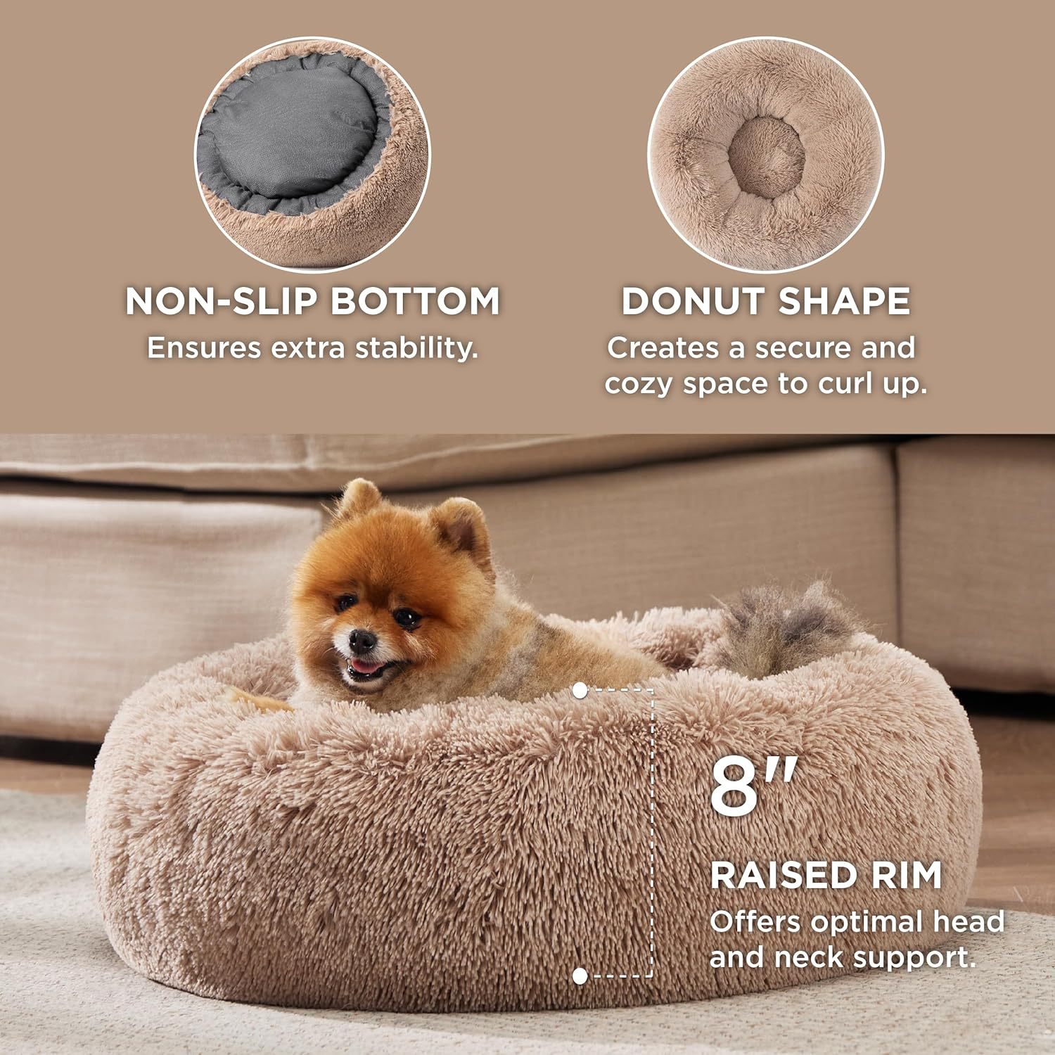 Solid Color Indoor Non-slip Round Fluffy Plush Pet Bed