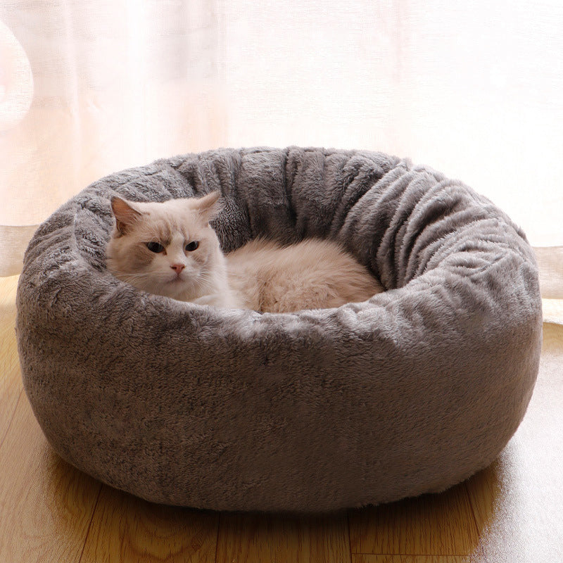 Pet Dog Bed Long Plush Donut Round Cushion